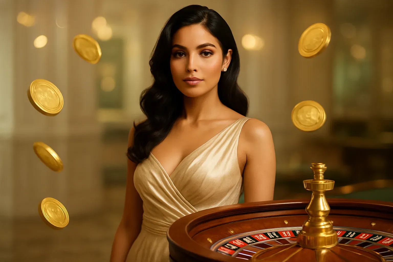 Beautiful Bangladeshi woman in elegant evening dress with luxury roulette and gold coins in bright casino setting