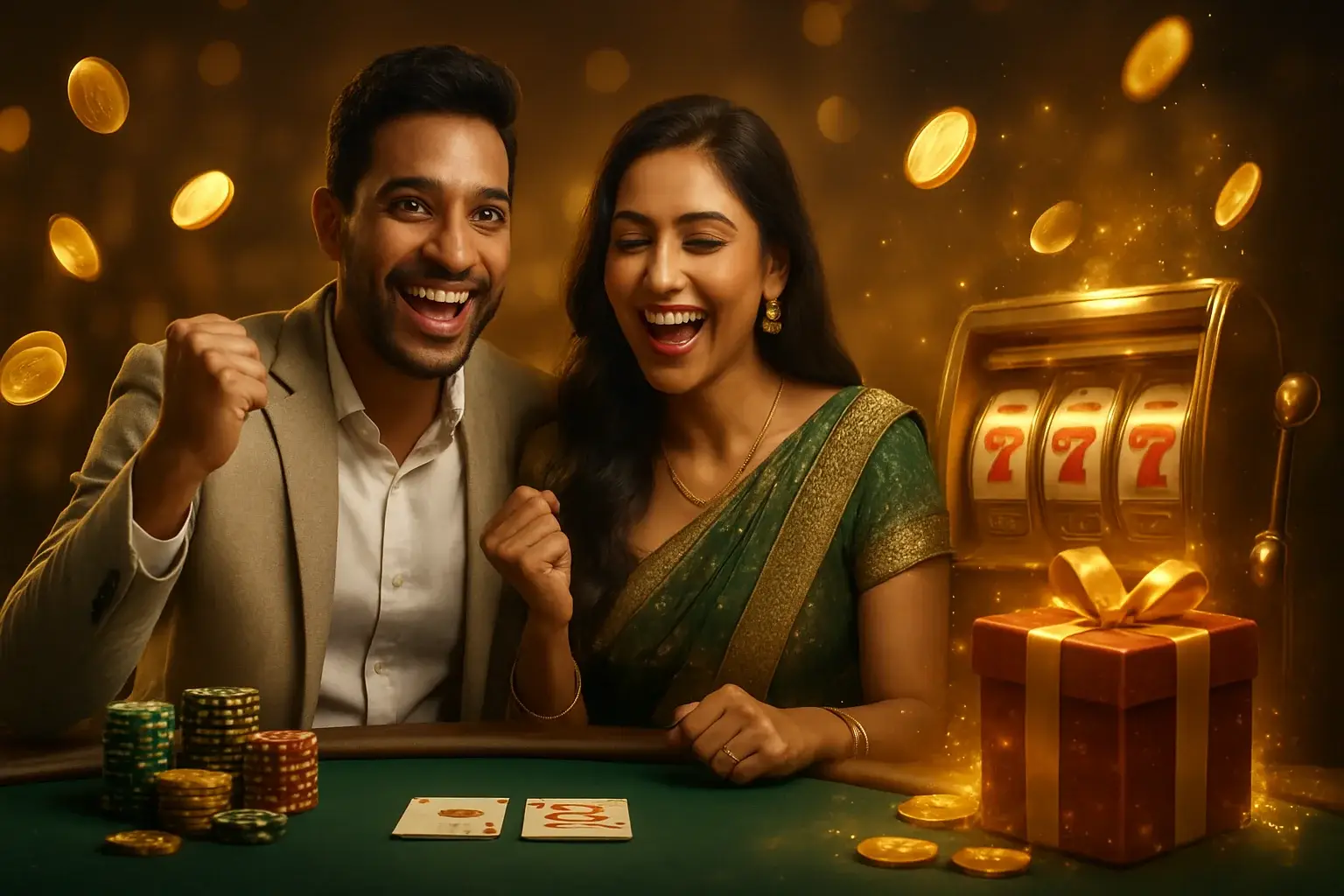 Happy South Asian couple celebrating at poker table with gold coins and casino chips